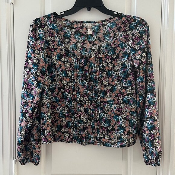 Mudd Womens Floral Long Sleeve Blouse Size L Black/Pink/Blue 100% Polyester Made - Picture 1 of 6